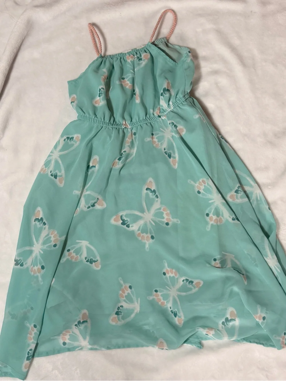 H&M Aqua Butterfly Print Casual Sundress with Pink Straps
